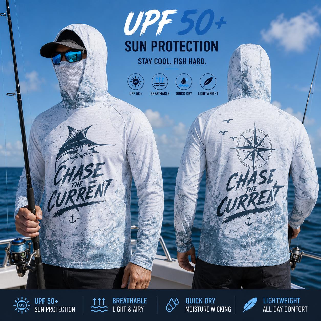 Fishing Mask Sun Protection - Angler-Hoodie-Shirt für Herren, Langarm, Gesichtsschutz, Schnelltrocknend,